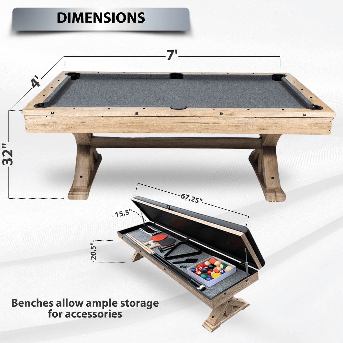 Rustic Oak "The Rockford" 7' Multi-Game Table With Benches