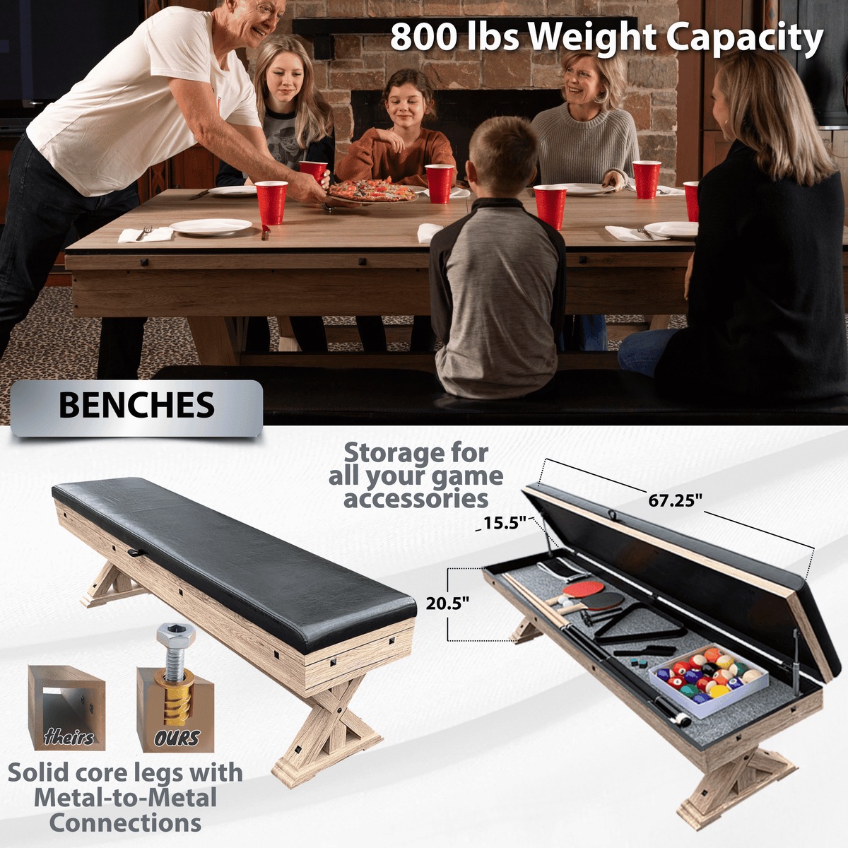Rustic Oak "The Rockford" 7' Multi-Game Table With Benches