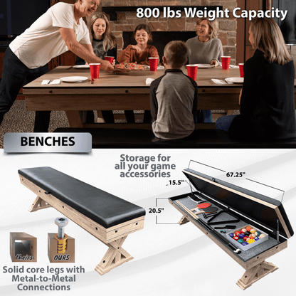 Rustic Oak "The Rockford" 7' Multi-Game Table With Benches