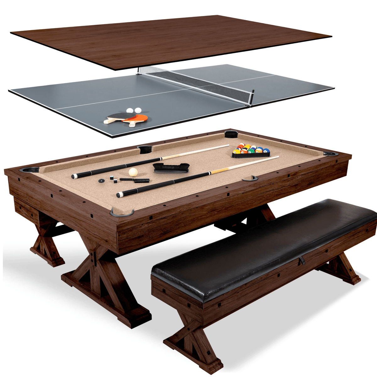 Espresso "The Rockford" 7' Multi-Game Table With Benches
