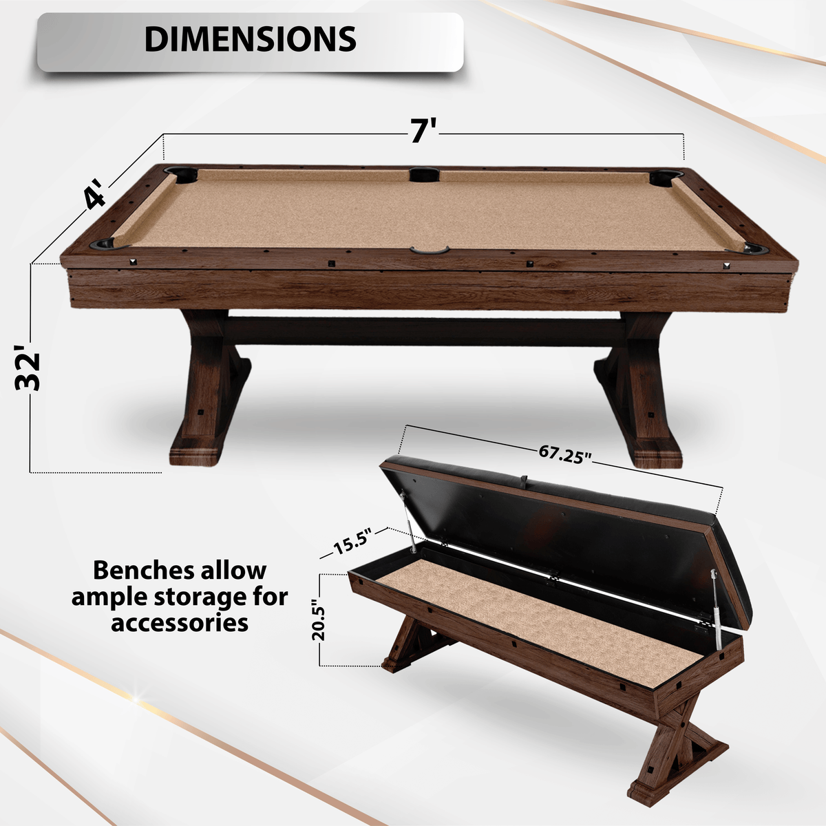 Espresso "The Rockford" 7' Multi-Game Table With Benches
